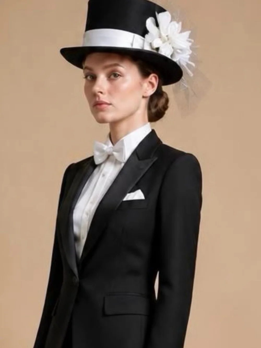 Black Felt Top Hat With White Toole Band, Silk Flowers, Feathers and Netting